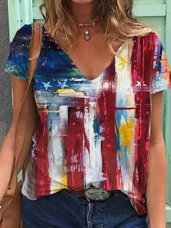 Multicolor Printed V Neck Loose Short Sleeve T-shirt