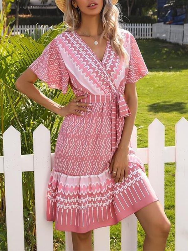 French Printed V-neck Short-sleeved Lace-up Dress - Midi Dresses - INS | Online Fashion Free Shipping Clothing, Dresses, Tops, Shoes - 22/03/2021 - AMZ - Blue
