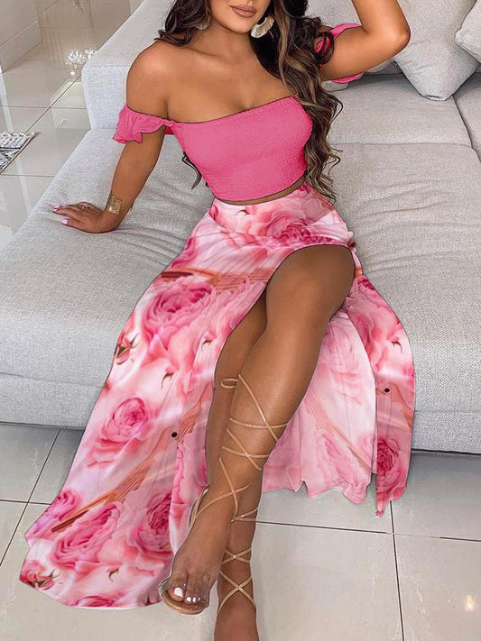 Frill Trim Crop Top & Floral Print High Slit Maxi Skirt Sets - Two-piece Outfits - INS | Online Fashion Free Shipping Clothing, Dresses, Tops, Shoes - 29/04/2021 - Color_Pink - Maxi Dresses