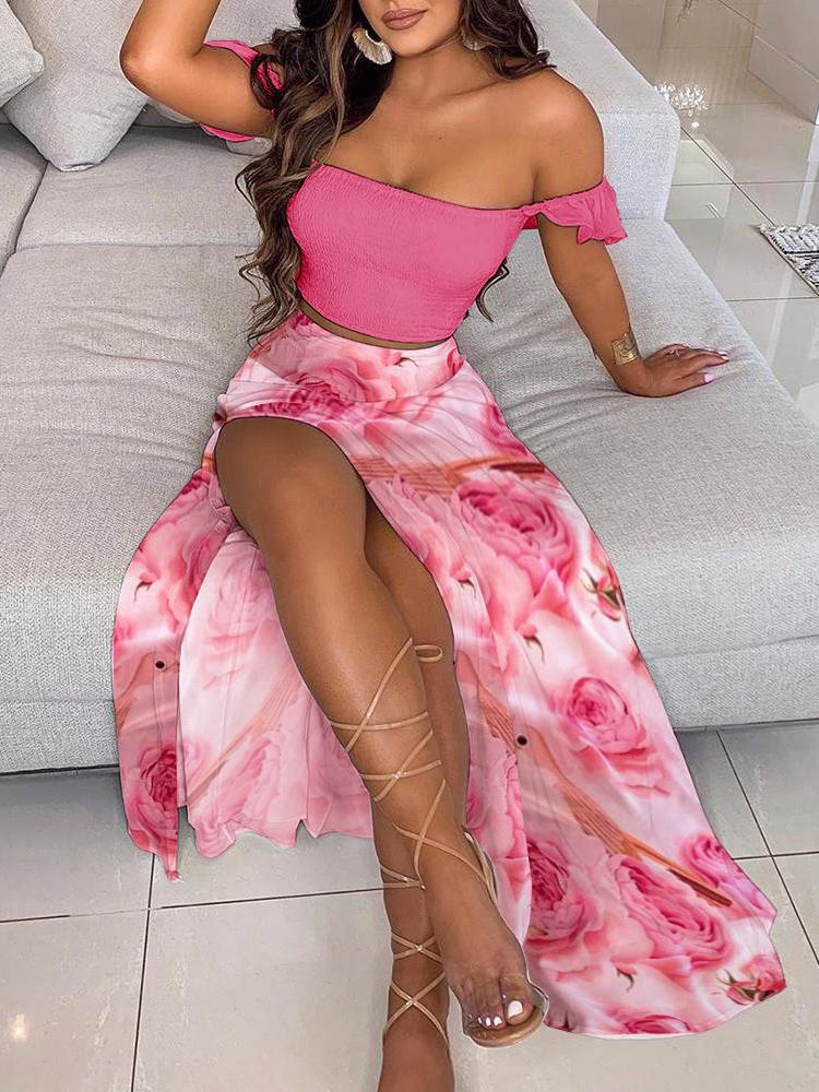 Frill Trim Crop Top & Floral Print High Slit Maxi Skirt Sets - Two-piece Outfits - INS | Online Fashion Free Shipping Clothing, Dresses, Tops, Shoes - 29/04/2021 - Color_Pink - Maxi Dresses