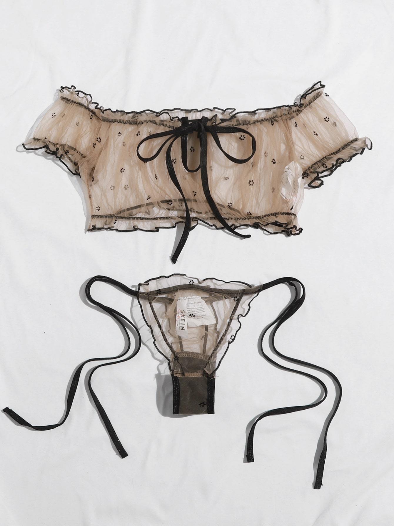 Frill Trim Sheer Mesh Lingerie Set - INS | Online Fashion Free Shipping Clothing, Dresses, Tops, Shoes