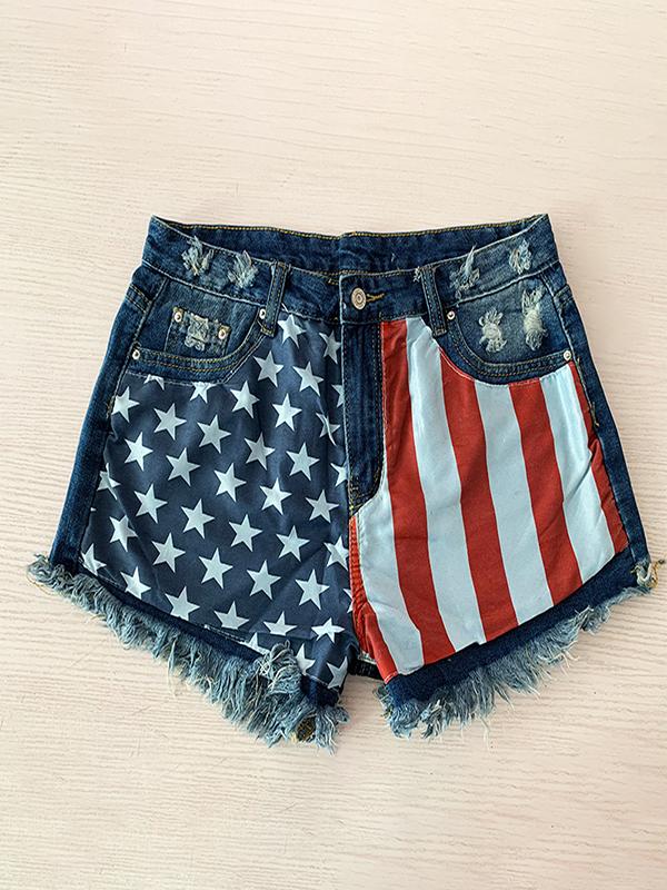 Fringed Star Stripe Print Casual Denim Shorts - Denim Shorts - INS | Online Fashion Free Shipping Clothing, Dresses, Tops, Shoes - 10/05/2021 - Category_Denim Shorts - Color_Navy Blue