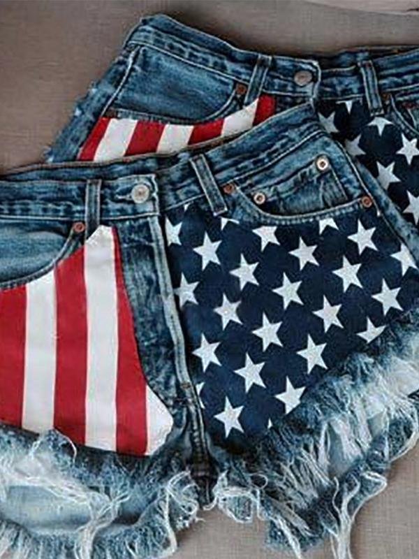 Fringed Star Stripe Print Casual Denim Shorts - Denim Shorts - INS | Online Fashion Free Shipping Clothing, Dresses, Tops, Shoes - 10/05/2021 - Category_Denim Shorts - Color_Navy Blue
