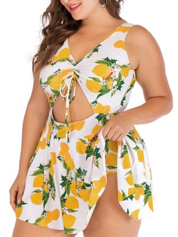 Fruit Print Hollow Out Plus Size One Piece Swimsuit - Plus Swimsuits - INS | Online Fashion Free Shipping Clothing, Dresses, Tops, Shoes - 21/04/2021 - Catagory_Plus Swimsuits - Color_Mango