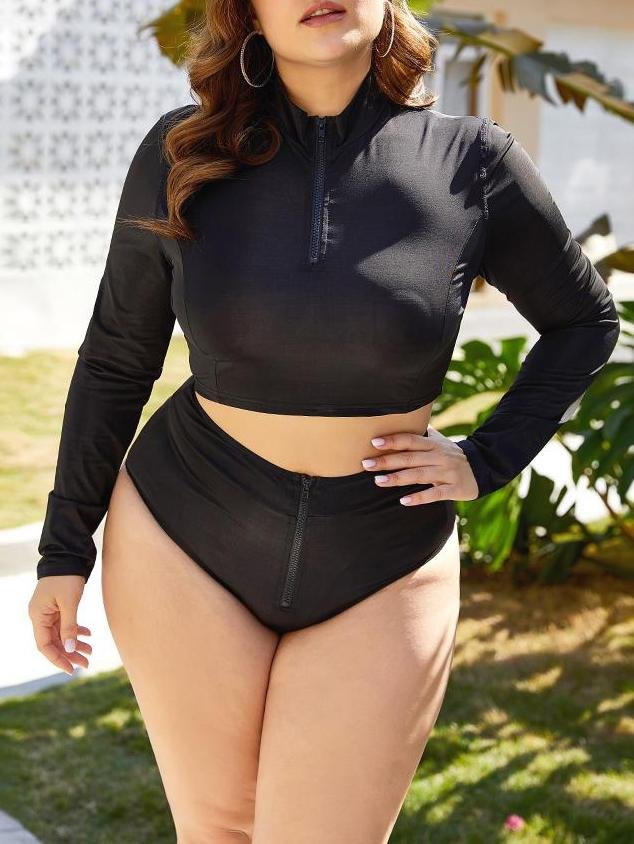 Full Wrap Zipper Wireless Long Sleeve Swimsuit - Plus Swimsuits - INS | Online Fashion Free Shipping Clothing, Dresses, Tops, Shoes - 21/04/2021 - 2104V3 - Color_Black