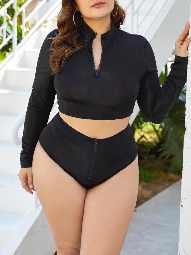 Full Wrap Zipper Wireless Long Sleeve Swimsuit - Plus Swimsuits - INS | Online Fashion Free Shipping Clothing, Dresses, Tops, Shoes - 21/04/2021 - 2104V3 - Color_Black