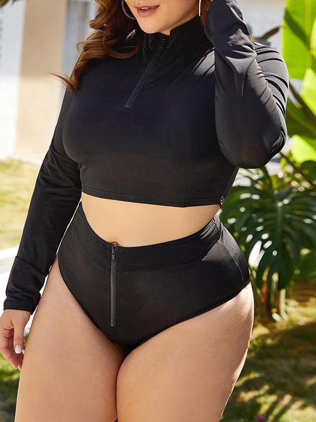 Full Wrap Zipper Wireless Long Sleeve Swimsuit - Plus Swimsuits - INS | Online Fashion Free Shipping Clothing, Dresses, Tops, Shoes - 21/04/2021 - 2104V3 - Color_Black