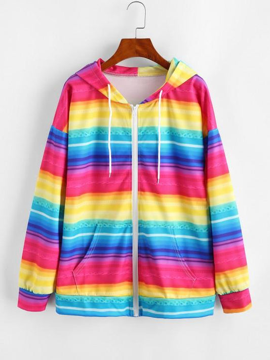 Full Zip Pockets Rainbow Stripes Hoodie - INS | Online Fashion Free Shipping Clothing, Dresses, Tops, Shoes