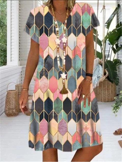 Gem Print V-neck Short Sleeve Dress - Mini Dresses - INS | Online Fashion Free Shipping Clothing, Dresses, Tops, Shoes - 05/07/2021 - 20-30 - color-blue