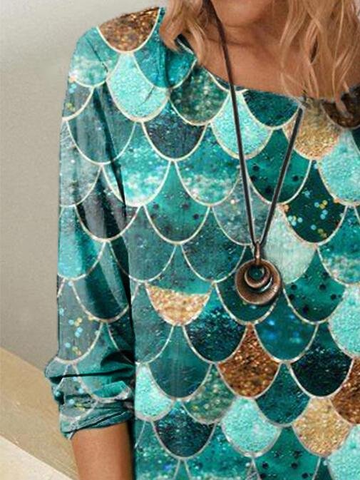 Geometric Print Round Neck Long Sleeve T-shirt - T-Shirts - INS | Online Fashion Free Shipping Clothing, Dresses, Tops, Shoes - 20-30 - 23/06/2021 - color-green