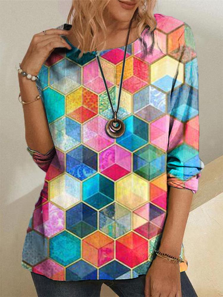 Geometric Print Round Neck Long Sleeve T-shirt - T-Shirts - INS | Online Fashion Free Shipping Clothing, Dresses, Tops, Shoes - 20-30 - 23/06/2021 - color-green