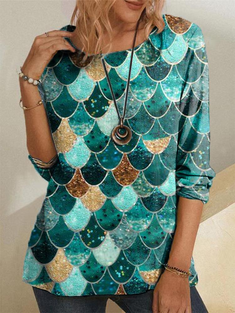 Geometric Print Round Neck Long Sleeve T-shirt - T-Shirts - INS | Online Fashion Free Shipping Clothing, Dresses, Tops, Shoes - 20-30 - 23/06/2021 - color-green