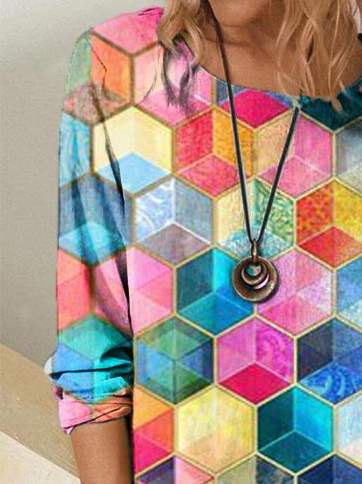 Geometric Print Round Neck Long Sleeve T-shirt - T-Shirts - INS | Online Fashion Free Shipping Clothing, Dresses, Tops, Shoes - 20-30 - 23/06/2021 - color-green