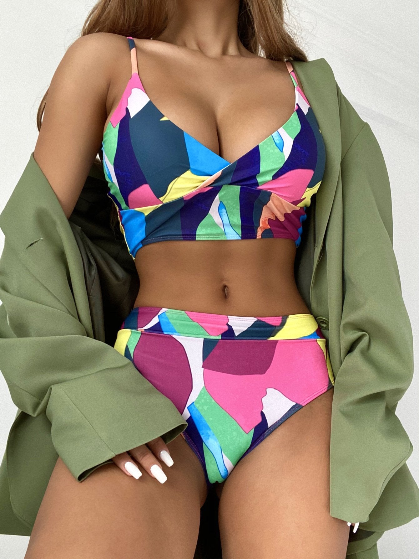 Geometric Print V-neck Bikini Set - Bikinis - INS | Online Fashion Free Shipping Clothing, Dresses, Tops, Shoes - 18/03/2021 - Beach - Bikini