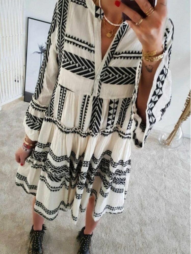 Geometric Print V-Neck Mini Dress - Mini Dresses - INS | Online Fashion Free Shipping Clothing, Dresses, Tops, Shoes - 15/06/2021 - Category_Mini Dresses - Color_Black