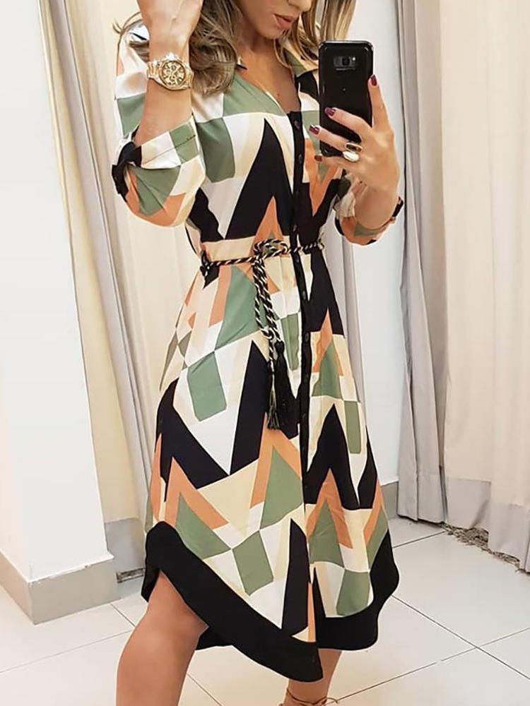 Geometric Print V-neck Shirt Dress With Belt - Midi Dresses - INS | Online Fashion Free Shipping Clothing, Dresses, Tops, Shoes - 03/06/2021 - Color_Green - DRE2106030005