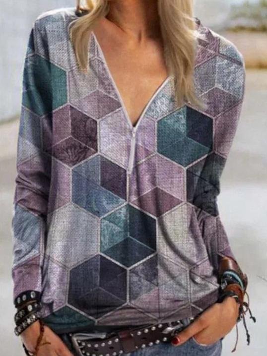 Geometric Print V-neck Zipper Long-sleeved T-shirt - T-shirts - INS | Online Fashion Free Shipping Clothing, Dresses, Tops, Shoes - 10-20 - 17/06/2021 - color-blue