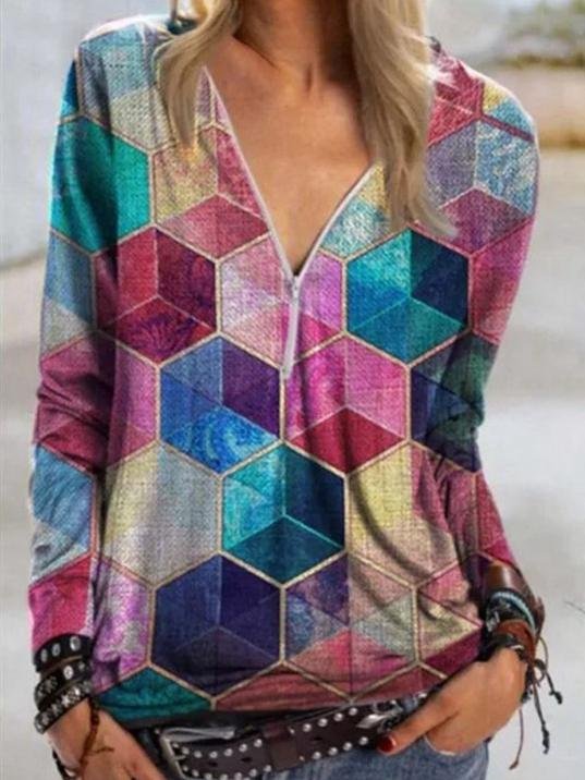 Geometric Print V-neck Zipper Long-sleeved T-shirt - T-shirts - INS | Online Fashion Free Shipping Clothing, Dresses, Tops, Shoes - 10-20 - 17/06/2021 - color-blue
