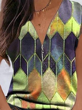 Geometric V-neck Casual T-shirt - T-shirts - INS | Online Fashion Free Shipping Clothing, Dresses, Tops, Shoes - 10-20 - 18/06/2021 - color-pink