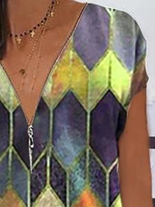 Geometric V-neck Casual T-shirt - T-shirts - INS | Online Fashion Free Shipping Clothing, Dresses, Tops, Shoes - 10-20 - 18/06/2021 - color-pink