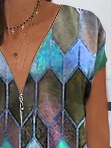 Geometric V-neck Casual T-shirt - T-shirts - INS | Online Fashion Free Shipping Clothing, Dresses, Tops, Shoes - 10-20 - 18/06/2021 - color-pink