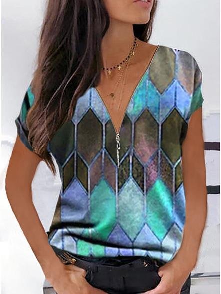 Geometric V-neck Casual T-shirt - T-shirts - INS | Online Fashion Free Shipping Clothing, Dresses, Tops, Shoes - 10-20 - 18/06/2021 - color-pink