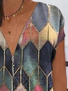 Geometric V-neck Casual T-shirt - T-shirts - INS | Online Fashion Free Shipping Clothing, Dresses, Tops, Shoes - 10-20 - 18/06/2021 - color-pink