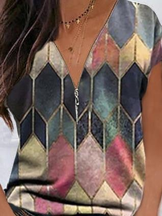 Geometric V-neck Casual T-shirt - T-shirts - INS | Online Fashion Free Shipping Clothing, Dresses, Tops, Shoes - 10-20 - 18/06/2021 - color-pink