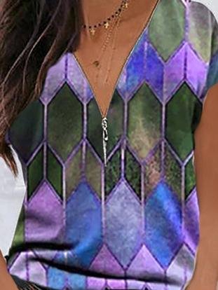 Geometric V-neck Casual T-shirt - T-shirts - INS | Online Fashion Free Shipping Clothing, Dresses, Tops, Shoes - 10-20 - 18/06/2021 - color-pink