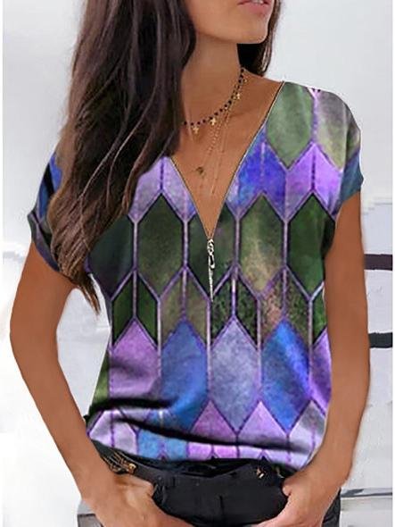 Geometric V-neck Casual T-shirt - T-shirts - INS | Online Fashion Free Shipping Clothing, Dresses, Tops, Shoes - 10-20 - 18/06/2021 - color-pink