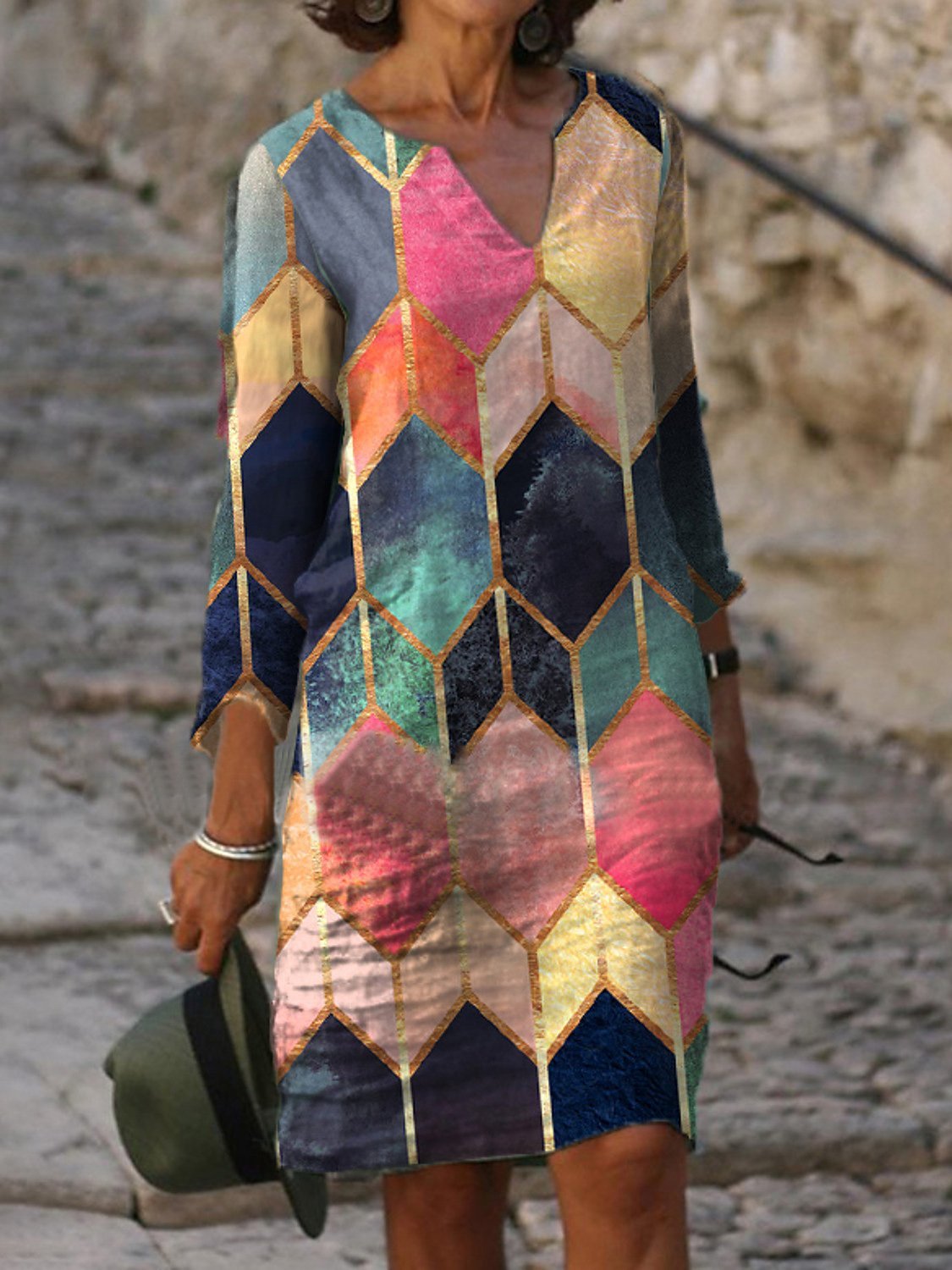 Geometry Print Colorblock Slim Cut Midi Dress - Midi Dresses - INS | Online Fashion Free Shipping Clothing, Dresses, Tops, Shoes - 24/04/2021 - Color_ Rainbow - DRE210424864