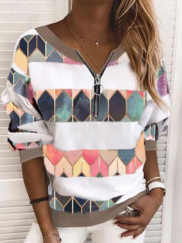 Geometry Zip Up Top Long Sleeve Casual Daily Blouse - Blouses - INS | Online Fashion Free Shipping Clothing, Dresses, Tops, Shoes - 22/04/2021 - BLO210422001 - Catagory_Blouses