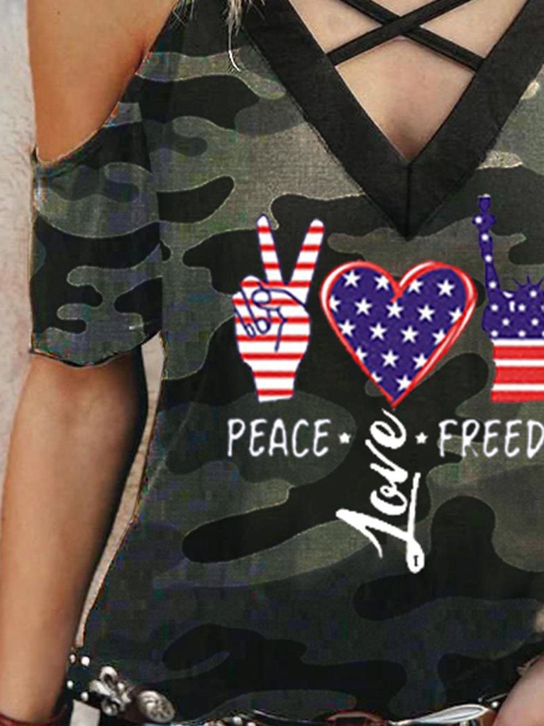 Gesture Love Stars and Stripes Print Strap V-neck Cross T-shirt - T Shirts - INS | Online Fashion Free Shipping Clothing, Dresses, Tops, Shoes - 05/22/2021 - Category_T Shirts - Color_Camouflage