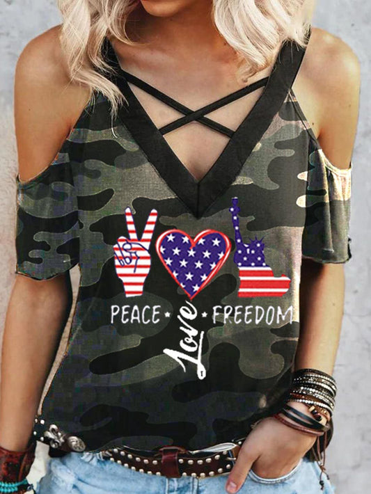 Gesture Love Stars and Stripes Print Strap V-neck Cross T-shirt - T Shirts - INS | Online Fashion Free Shipping Clothing, Dresses, Tops, Shoes - 05/22/2021 - Category_T Shirts - Color_Camouflage