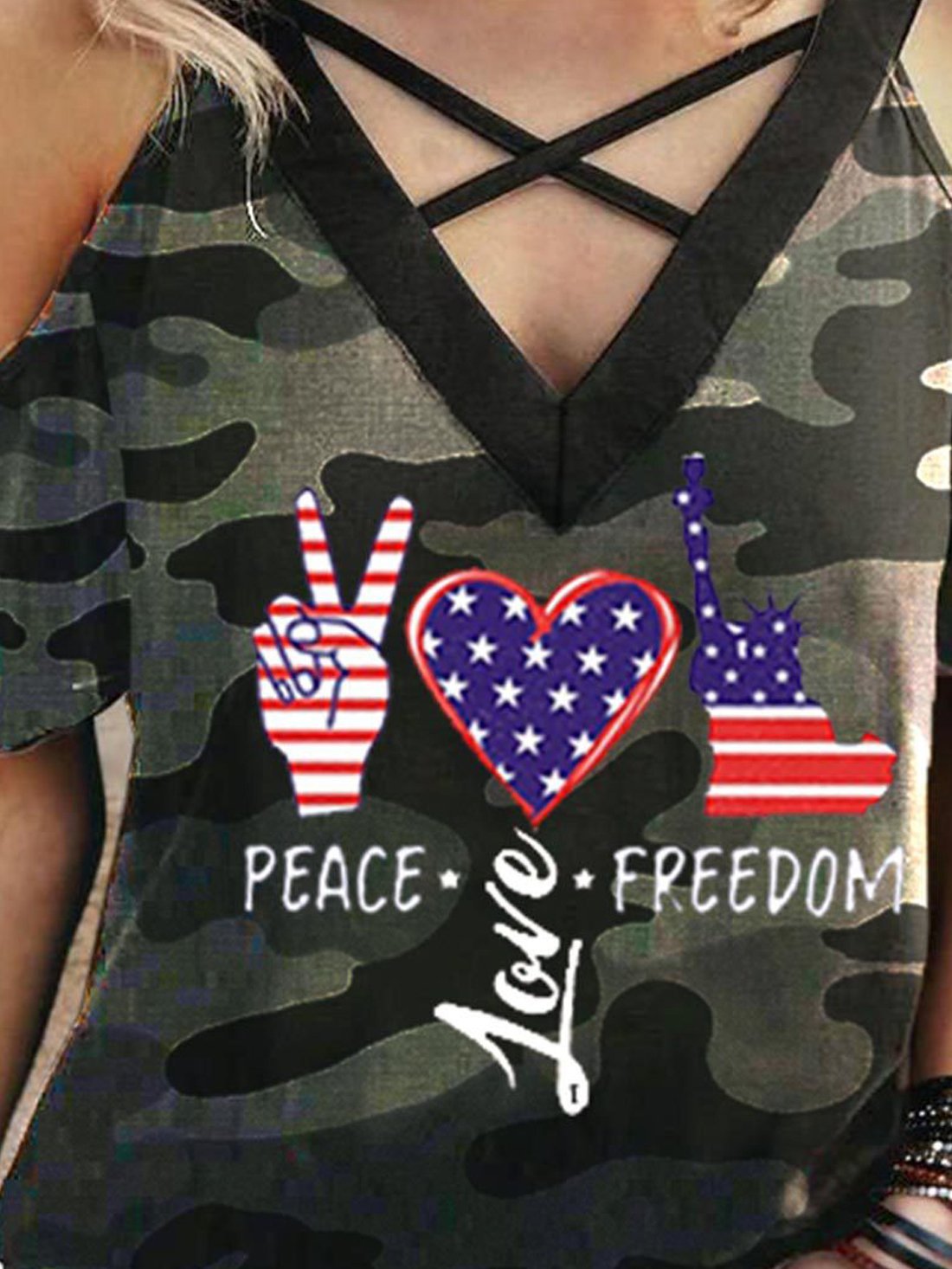 Gesture Love Stars and Stripes Print Strap V-neck Cross T-shirt - T Shirts - INS | Online Fashion Free Shipping Clothing, Dresses, Tops, Shoes - 05/22/2021 - Category_T Shirts - Color_Camouflage