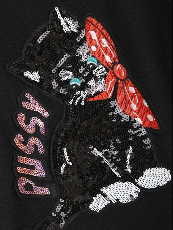 Gingham Sequined Cat Ribbed Sweatshirt - INS | Online Fashion Free Shipping Clothing, Dresses, Tops, Shoes