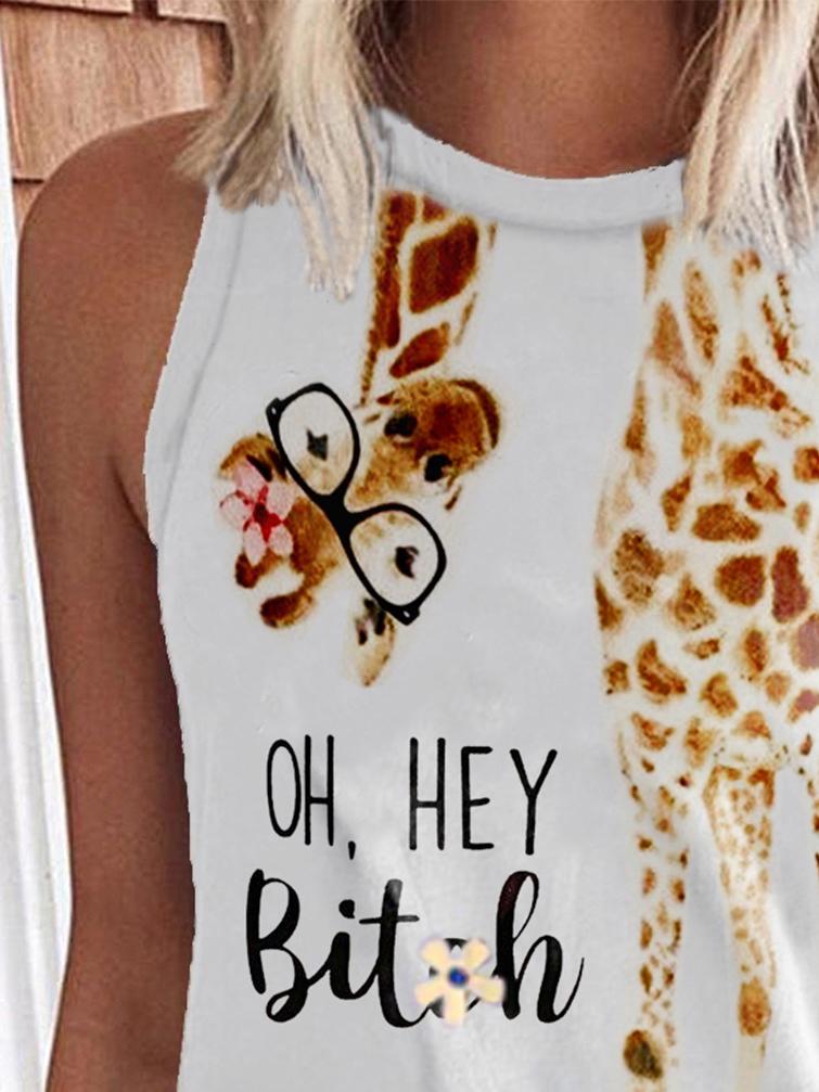Giraffe Glasses English Printing Round Neck Sleeveless Tank Tops - Tank Tops - INS | Online Fashion Free Shipping Clothing, Dresses, Tops, Shoes - 10/06/2021 - Category_Tank Tops - Color_White