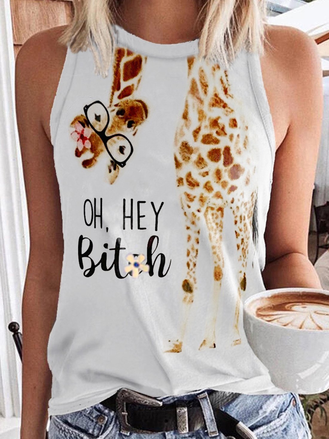 Giraffe Glasses English Printing Round Neck Sleeveless Tank Tops - Tank Tops - INS | Online Fashion Free Shipping Clothing, Dresses, Tops, Shoes - 10/06/2021 - Category_Tank Tops - Color_White