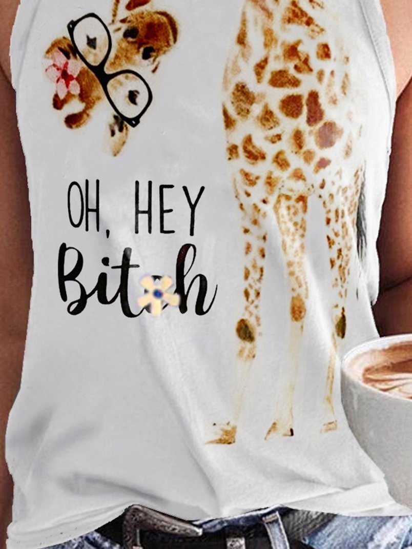 Giraffe Glasses English Printing Round Neck Sleeveless Tank Tops - Tank Tops - INS | Online Fashion Free Shipping Clothing, Dresses, Tops, Shoes - 10/06/2021 - Category_Tank Tops - Color_White