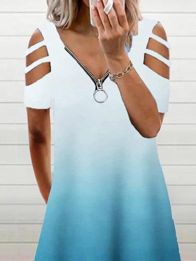 Gradient Casual Short Sleeve Zipper V-neck Dress - Midi Dresses - INS | Online Fashion Free Shipping Clothing, Dresses, Tops, Shoes - 10/06/2021 - Category_Midi Dresses - Color_Blue