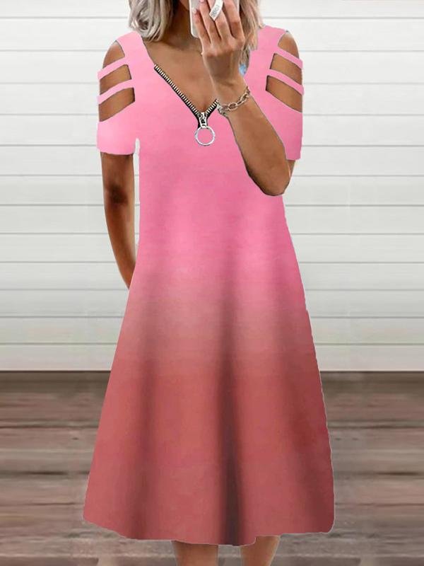 Gradient Casual Short Sleeve Zipper V-neck Dress - Midi Dresses - INS | Online Fashion Free Shipping Clothing, Dresses, Tops, Shoes - 10/06/2021 - Category_Midi Dresses - Color_Blue