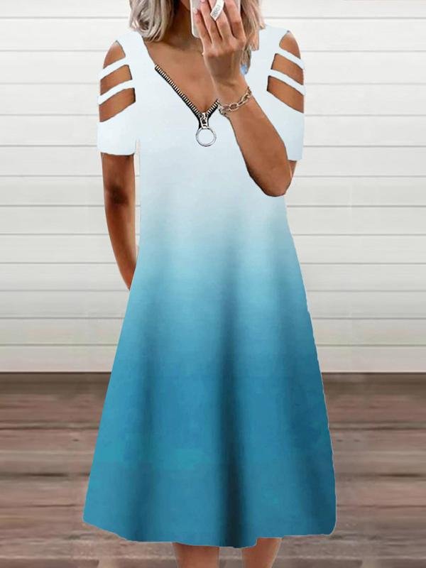 Gradient Casual Short Sleeve Zipper V-neck Dress - Midi Dresses - INS | Online Fashion Free Shipping Clothing, Dresses, Tops, Shoes - 10/06/2021 - Category_Midi Dresses - Color_Blue