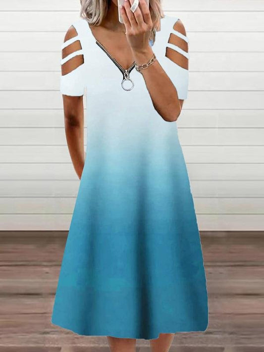 Gradient Casual Short Sleeve Zipper V-neck Dress - Midi Dresses - INS | Online Fashion Free Shipping Clothing, Dresses, Tops, Shoes - 10/06/2021 - Category_Midi Dresses - Color_Blue