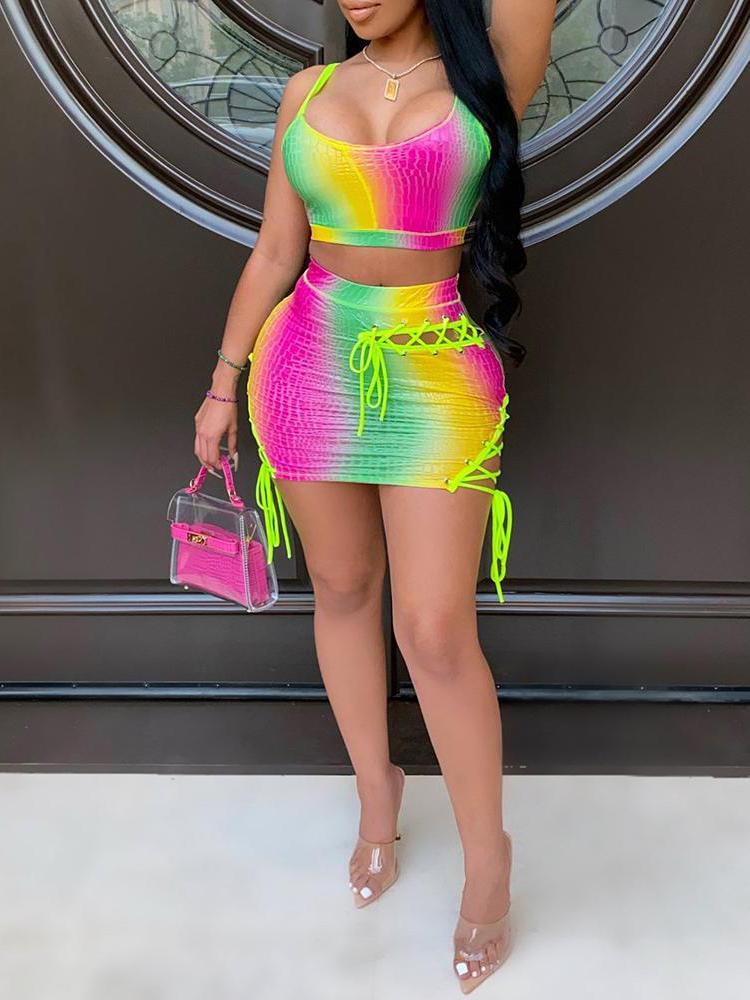 Gradient Color Crop Top & Eyelet Lace-up Skirt Set - Sets - INS | Online Fashion Free Shipping Clothing, Dresses, Tops, Shoes - 29/04/2021 - Category_Sets - Color_Multicolor