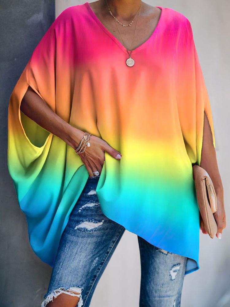 Gradient Color Tie Dye Print Batwing Sleeve Casual Top - Blouses - INS | Online Fashion Free Shipping Clothing, Dresses, Tops, Shoes - 28/04/2021 - BLO210428052 - Blouses