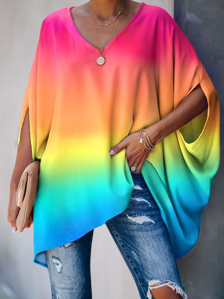 Gradient Color Tie Dye Print Batwing Sleeve Casual Top - Blouses - INS | Online Fashion Free Shipping Clothing, Dresses, Tops, Shoes - 28/04/2021 - BLO210428052 - Blouses