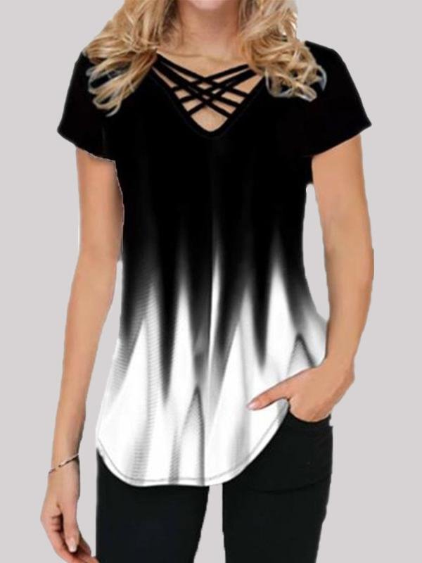 Gradient Print Casual Short-sleeved V-neck T-shirt - T-shirts - INS | Online Fashion Free Shipping Clothing, Dresses, Tops, Shoes - 01/06/2021 - Color_Green - Color_Pink