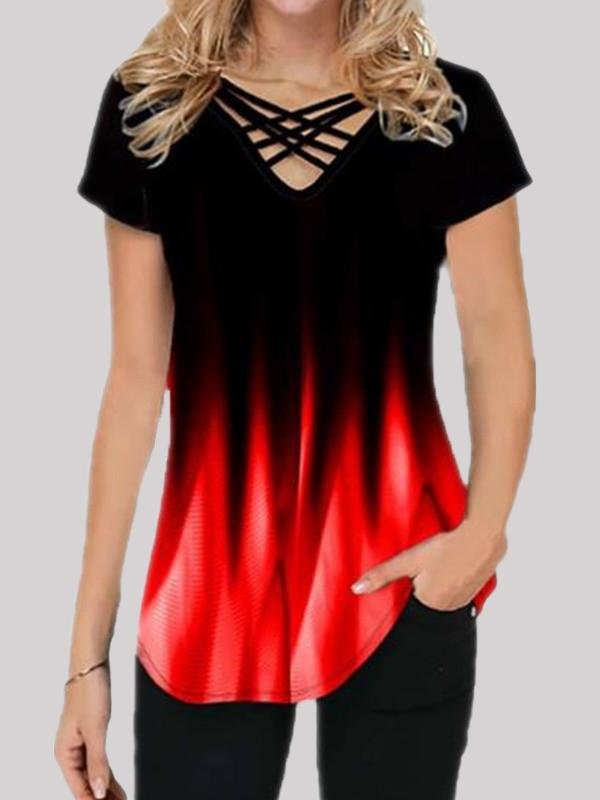 Gradient Print Casual Short-sleeved V-neck T-shirt - T-shirts - INS | Online Fashion Free Shipping Clothing, Dresses, Tops, Shoes - 01/06/2021 - Color_Green - Color_Pink