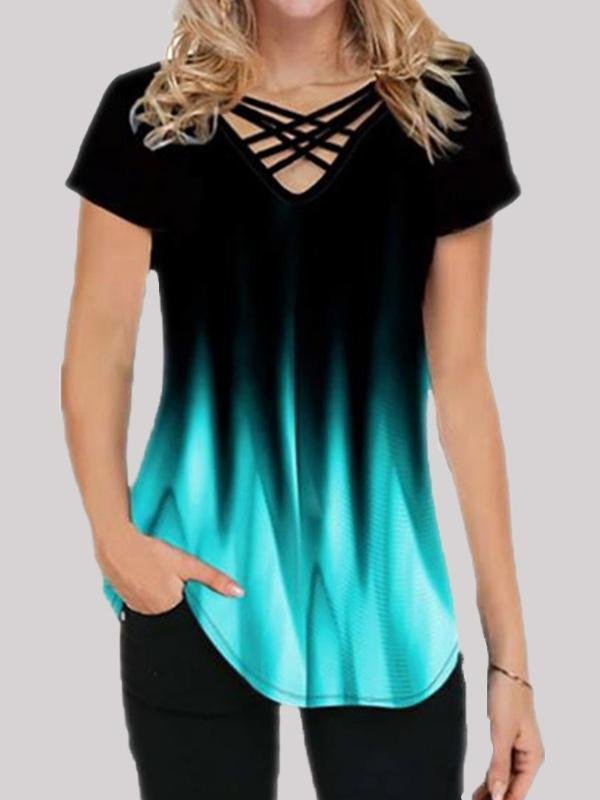 Gradient Print Casual Short-sleeved V-neck T-shirt - T-shirts - INS | Online Fashion Free Shipping Clothing, Dresses, Tops, Shoes - 01/06/2021 - Color_Green - Color_Pink