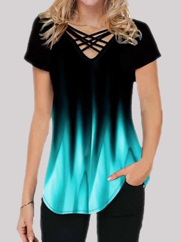 Gradient Print Casual Short-sleeved V-neck T-shirt - T-shirts - INS | Online Fashion Free Shipping Clothing, Dresses, Tops, Shoes - 01/06/2021 - Color_Green - Color_Pink